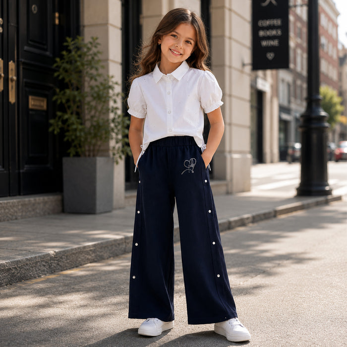 Kids Girls Combo Set with White Puff Sleeve Casual Top & Navy Comfort Fit Wide Leg Lowers