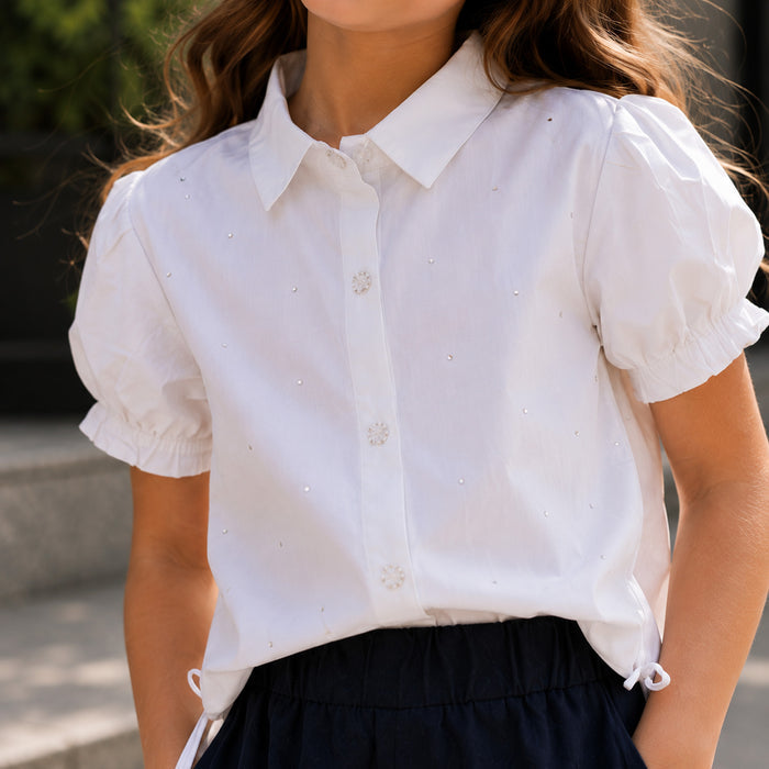 Kids Girls Combo Set with White Puff Sleeve Casual Top & Navy Comfort Fit Wide Leg Lowers
