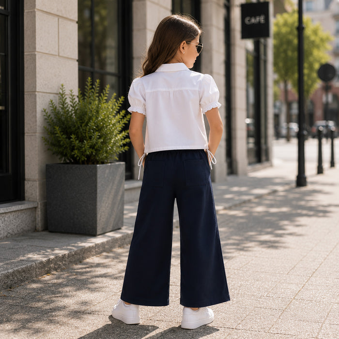 Kids Girls Combo Set with White Puff Sleeve Casual Top & Navy Comfort Fit Wide Leg Lowers