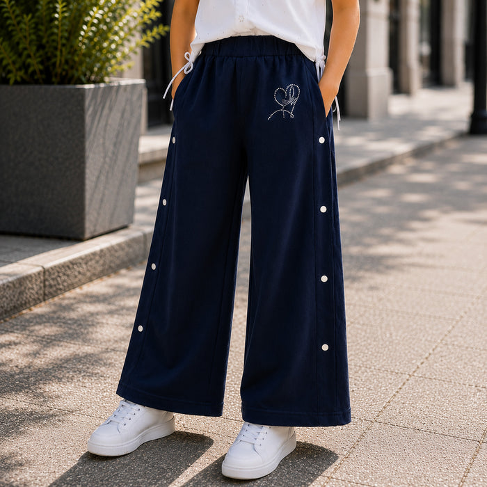 Kids Girls Combo Set with White Puff Sleeve Casual Top & Navy Comfort Fit Wide Leg Lowers