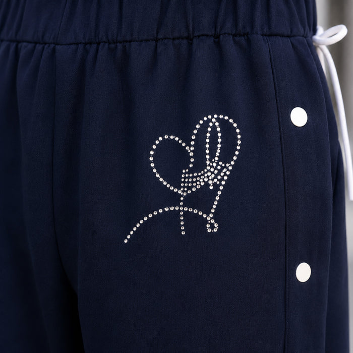 Kids Girls Combo Set with White Puff Sleeve Casual Top & Navy Comfort Fit Wide Leg Lowers