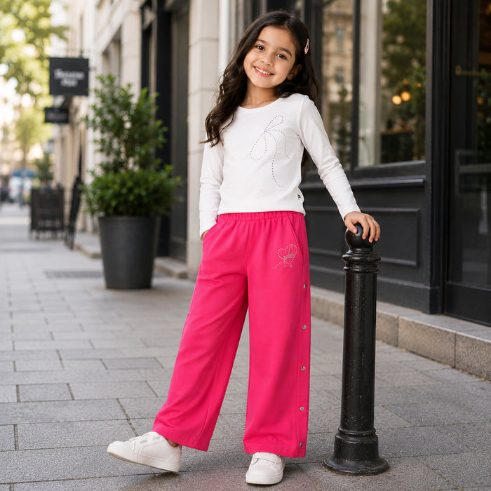 Kids Girls Combo Set with White Soft Fabric Full Slevees Tshirt & Fuchsia Comfort Fit Lower