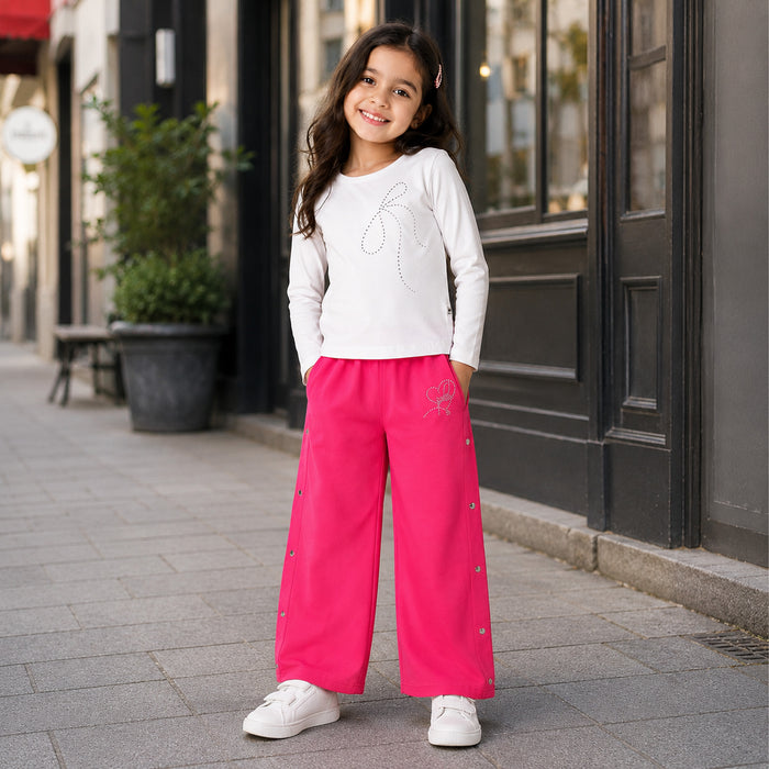Kids Girls Combo Set with White Soft Fabric Full Slevees Tshirt & Fuchsia Comfort Fit Lower