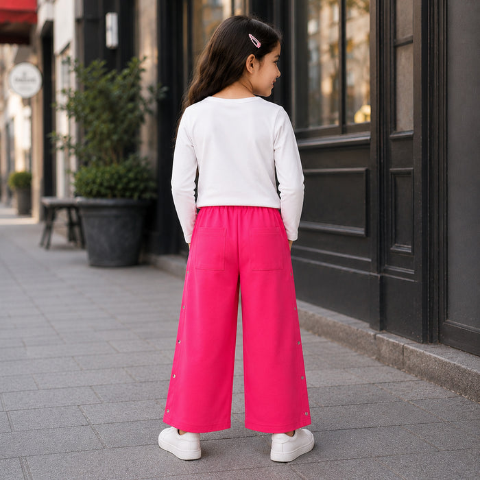 Kids Girls Combo Set with White Soft Fabric Full Slevees Tshirt & Fuchsia Comfort Fit Lower