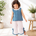 Kids Girls Coord Set in Blue White with Airy Fabric Lace Collar Top & Comfort Wide Leg Pants