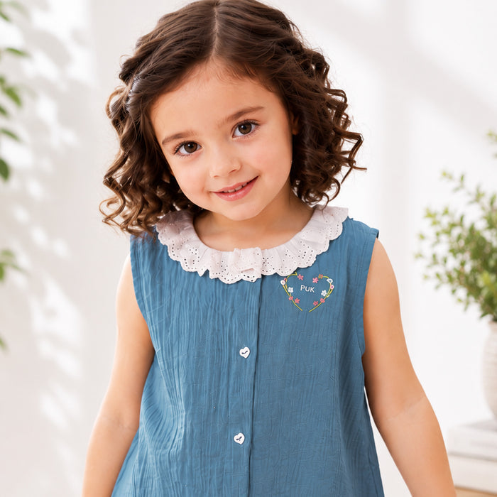 Kids Girls Coord Set in Blue White with Airy Fabric Lace Collar Top & Comfort Wide Leg Pants