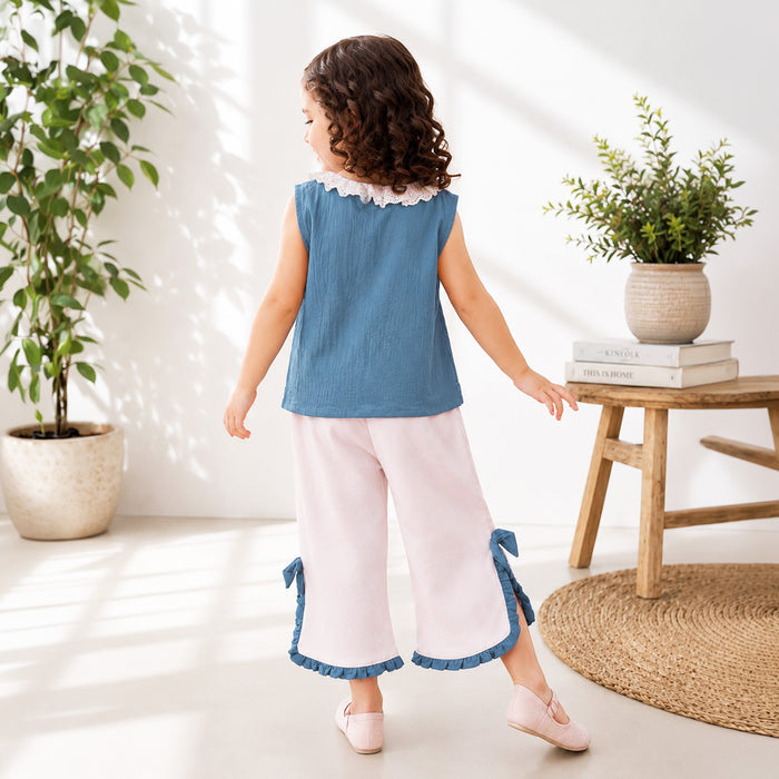 Kids Girls Coord Set in Blue White with Airy Fabric Lace Collar Top & Comfort Wide Leg Pants