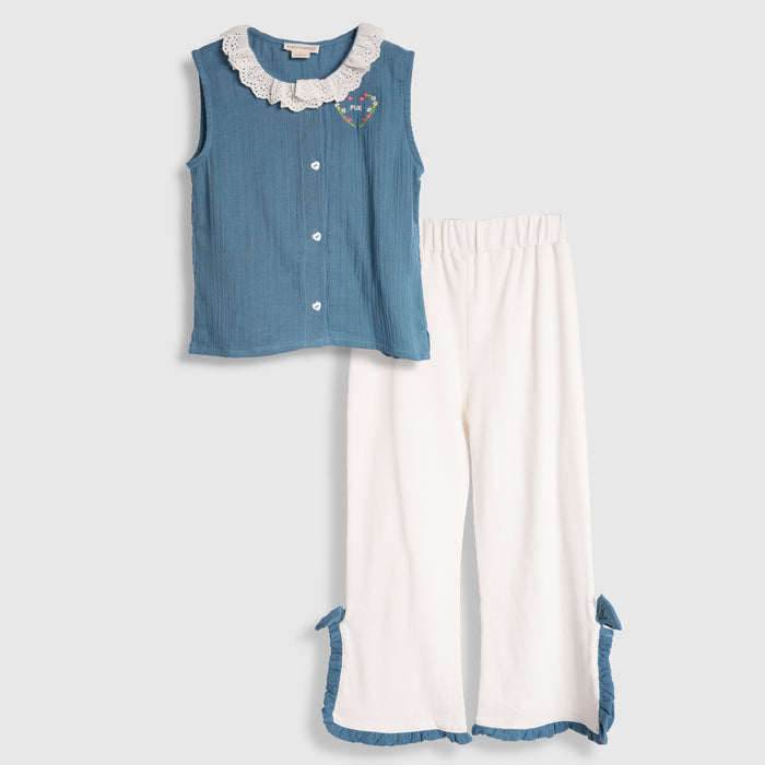 Kids Girls Coord Set in Blue White with Airy Fabric Lace Collar Top & Comfort Wide Leg Pants