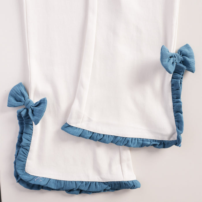 Kids Girls Coord Set in Blue White with Airy Fabric Lace Collar Top & Comfort Wide Leg Pants