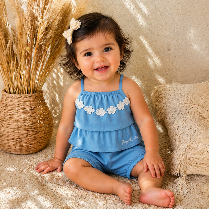Kids Girls Coord Set in Blue with Floral Applique Cotton Top & Shorts for Summer Comfort Wear