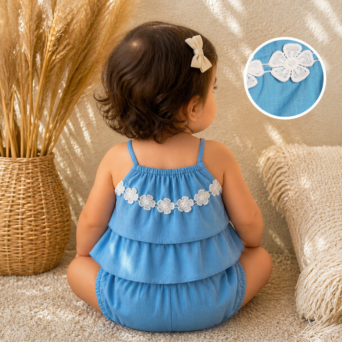 Kids Girls Coord Set in Blue with Floral Applique Cotton Top & Shorts for Summer Comfort Wear