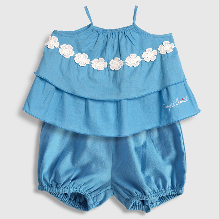 Kids Girls Coord Set in Blue with Floral Applique Cotton Top & Shorts for Summer Comfort Wear