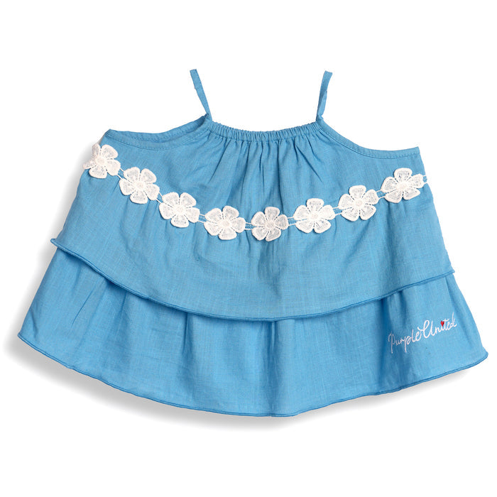 Kids Girls Coord Set in Blue with Floral Applique Cotton Top & Shorts for Summer Comfort Wear