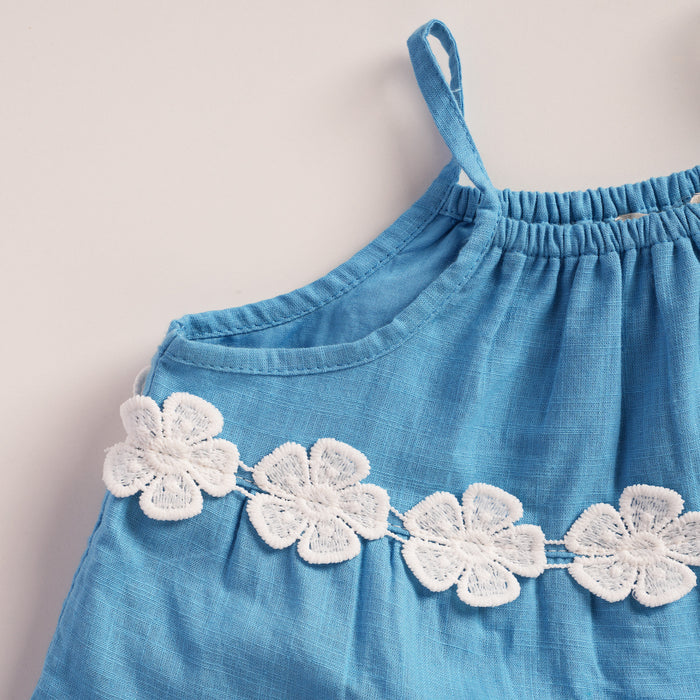 Kids Girls Coord Set in Blue with Floral Applique Cotton Top & Shorts for Summer Comfort Wear