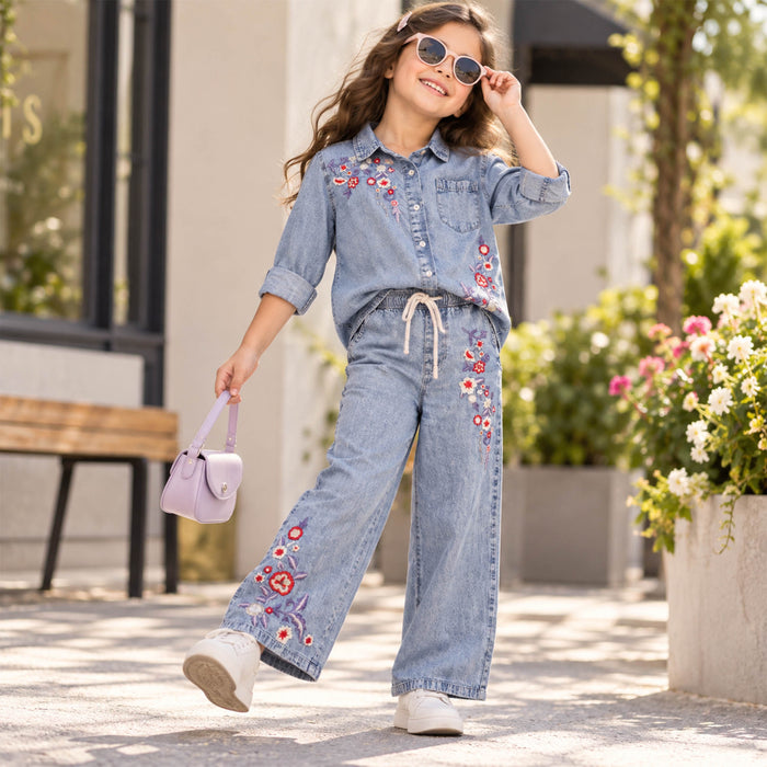Kids Girls Coord Set in Blue with Floral Embroidery, Shirt & Wide-Leg Pants for Days Out