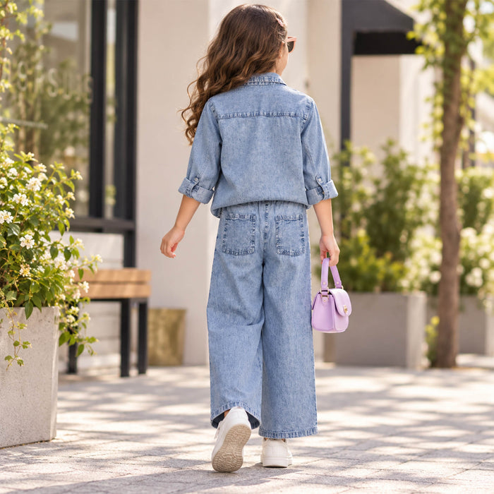Kids Girls Coord Set in Blue with Floral Embroidery, Shirt & Wide-Leg Pants for Days Out