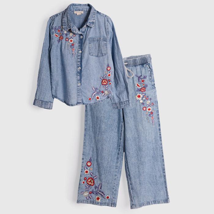 Kids Girls Coord Set in Blue with Floral Embroidery, Shirt & Wide-Leg Pants for Days Out