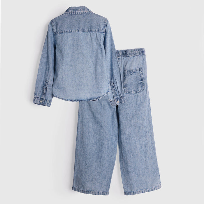 Kids Girls Coord Set in Blue with Floral Embroidery, Shirt & Wide-Leg Pants for Days Out