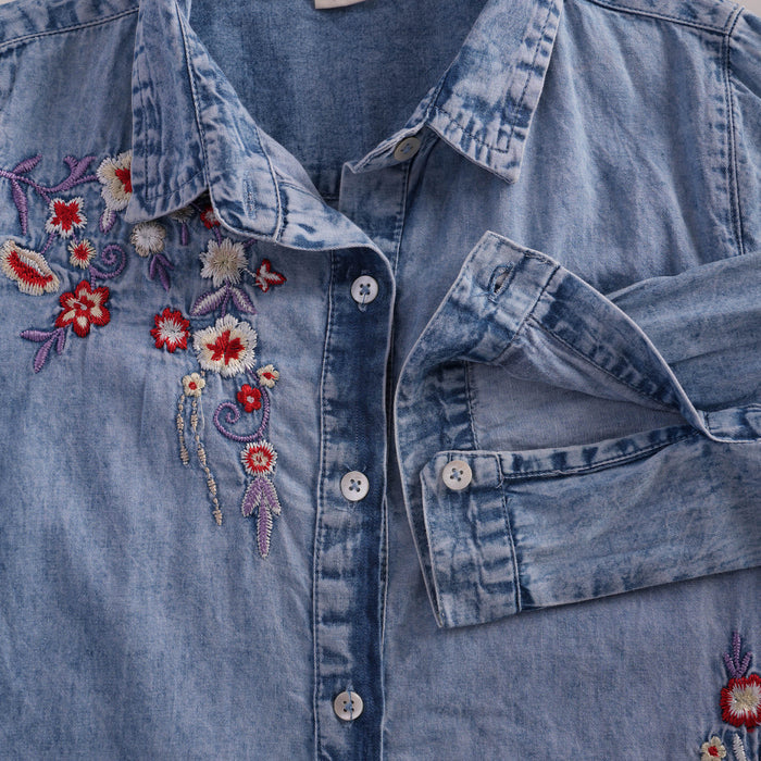Kids Girls Coord Set in Blue with Floral Embroidery, Shirt & Wide-Leg Pants for Days Out