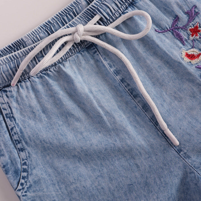 Kids Girls Coord Set in Blue with Floral Embroidery, Shirt & Wide-Leg Pants for Days Out