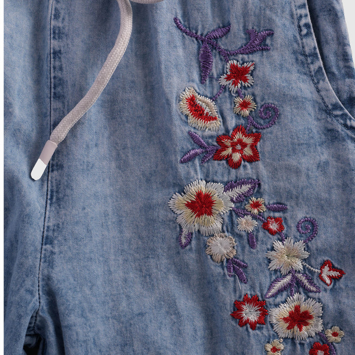 Kids Girls Coord Set in Blue with Floral Embroidery, Shirt & Wide-Leg Pants for Days Out