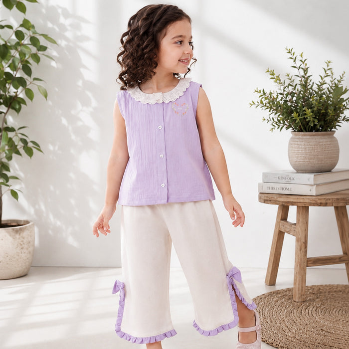 Kids Girls Coord Set in Lavender White with Airy Fabric Lace Collar Top & Comfort Wide Leg Pants