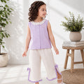 Kids Girls Coord Set in Lavender White with Airy Fabric Lace Collar Top & Comfort Wide Leg Pants