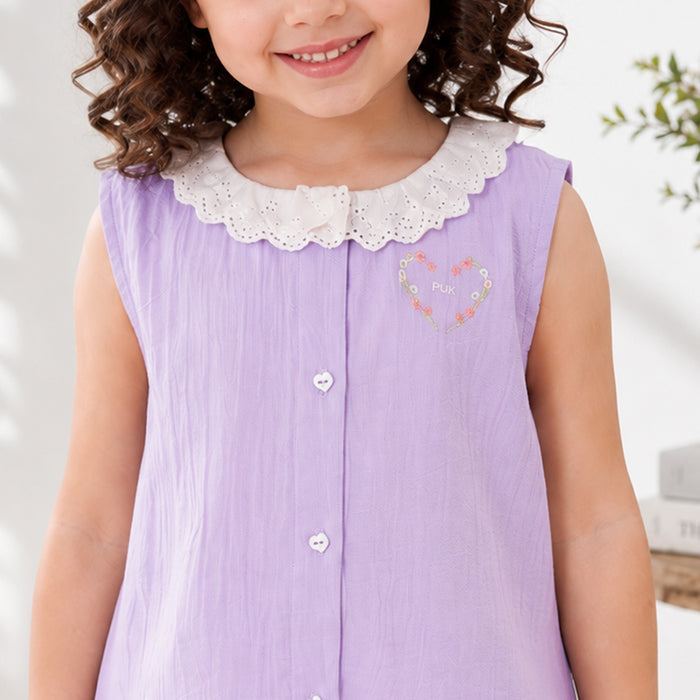 Kids Girls Coord Set in Lavender White with Airy Fabric Lace Collar Top & Comfort Wide Leg Pants