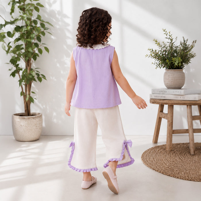 Kids Girls Coord Set in Lavender White with Airy Fabric Lace Collar Top & Comfort Wide Leg Pants