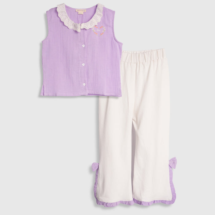 Kids Girls Coord Set in Lavender White with Airy Fabric Lace Collar Top & Comfort Wide Leg Pants