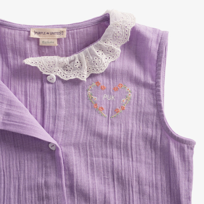 Kids Girls Coord Set in Lavender White with Airy Fabric Lace Collar Top & Comfort Wide Leg Pants