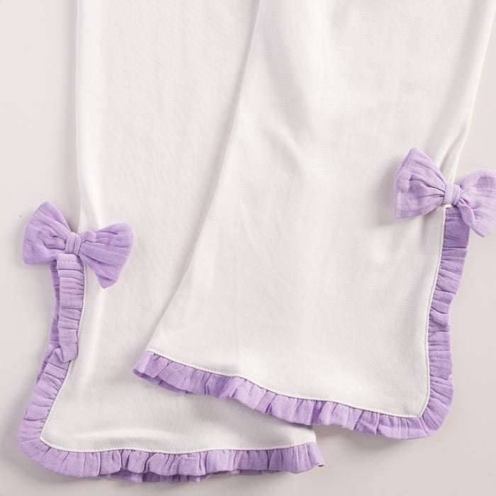 Kids Girls Coord Set in Lavender White with Airy Fabric Lace Collar Top & Comfort Wide Leg Pants