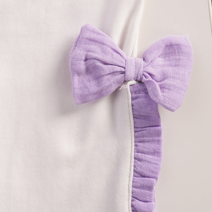 Kids Girls Coord Set in Lavender White with Airy Fabric Lace Collar Top & Comfort Wide Leg Pants