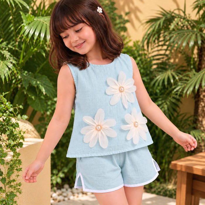 Kids Girls Coord Set in Light Blue with Floral Detail Top & Shorts for Casual Wear Looks