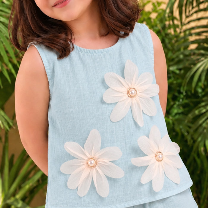 Kids Girls Coord Set in Light Blue with Floral Detail Top & Shorts for Casual Wear Looks