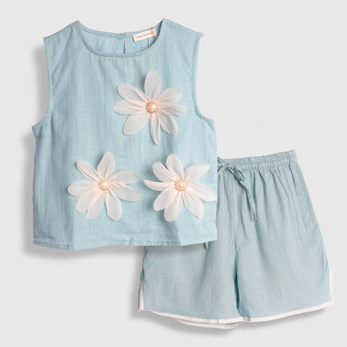 Kids Girls Coord Set in Light Blue with Floral Detail Top & Shorts for Casual Wear Looks