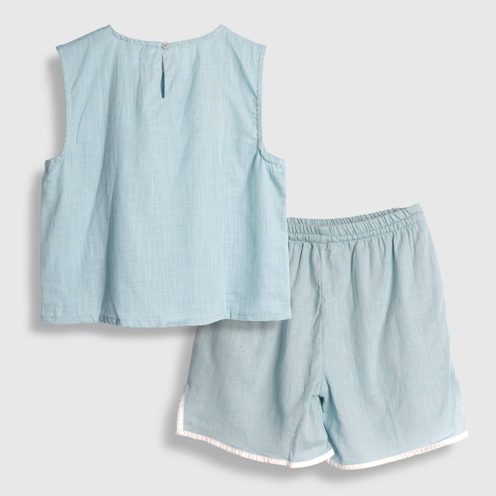 Kids Girls Coord Set in Light Blue with Floral Detail Top & Shorts for Casual Wear Looks