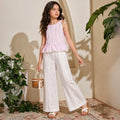 Kids Girls Coord Set in Light Pink White with Cotton Lace Top & Comfort Straight Fit Pants