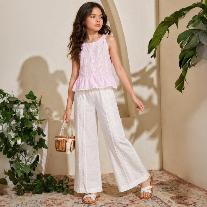 Kids Girls Coord Set in Light Pink White with Cotton Lace Top & Comfort Straight Fit Pants