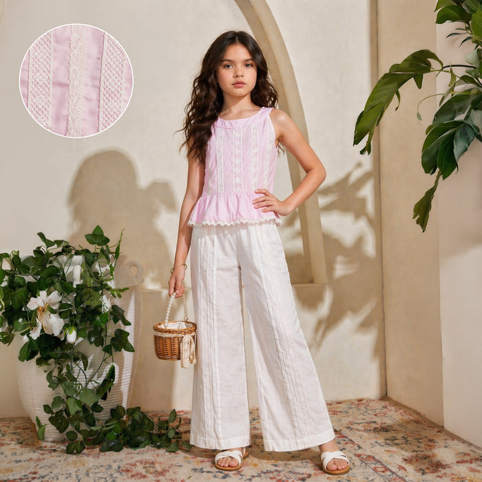 Kids Girls Coord Set in Light Pink White with Cotton Lace Top & Comfort Straight Fit Pants