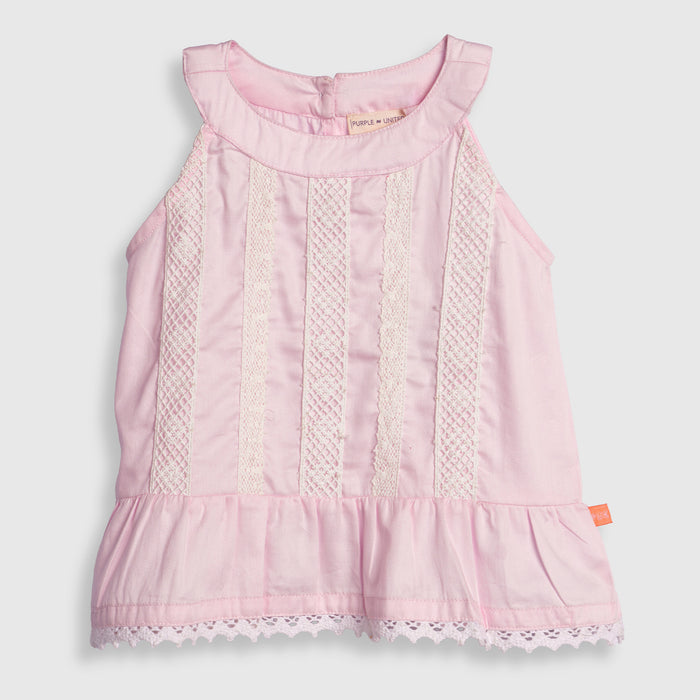 Kids Girls Coord Set in Light Pink White with Cotton Lace Top & Comfort Straight Fit Pants