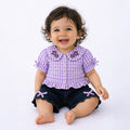 Kids Girls Coord Set in Lt. Purple and Dk. Blue Floral Print with Relaxed Fit Denim Shorts