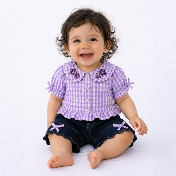 Kids Girls Coord Set in Lt. Purple and Dk. Blue Floral Print with Relaxed Fit Denim Shorts