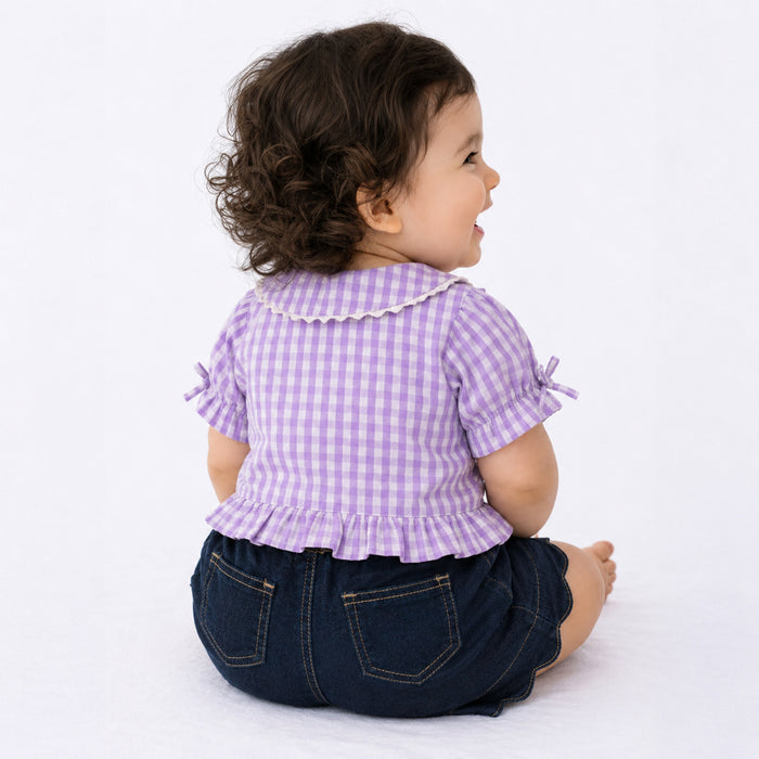 Kids Girls Coord Set in Lt. Purple and Dk. Blue Floral Print with Relaxed Fit Denim Shorts