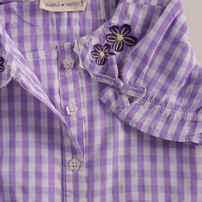 Kids Girls Coord Set in Lt. Purple and Dk. Blue Floral Print with Relaxed Fit Denim Shorts