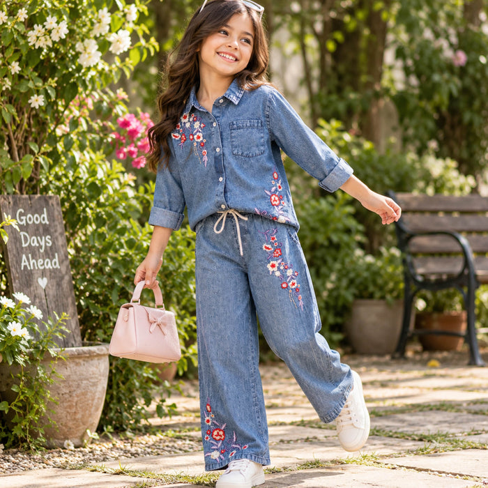 Kids Girls Coord Set in Mid Blue with Floral Embroidery, Shirt & Wide-Leg Pants for Days Out