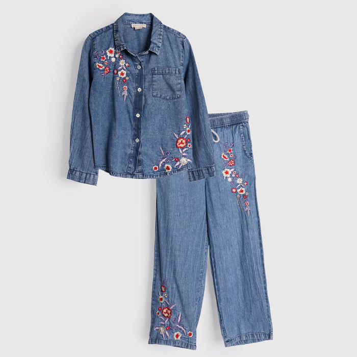 Kids Girls Coord Set in Mid Blue with Floral Embroidery, Shirt & Wide-Leg Pants for Days Out