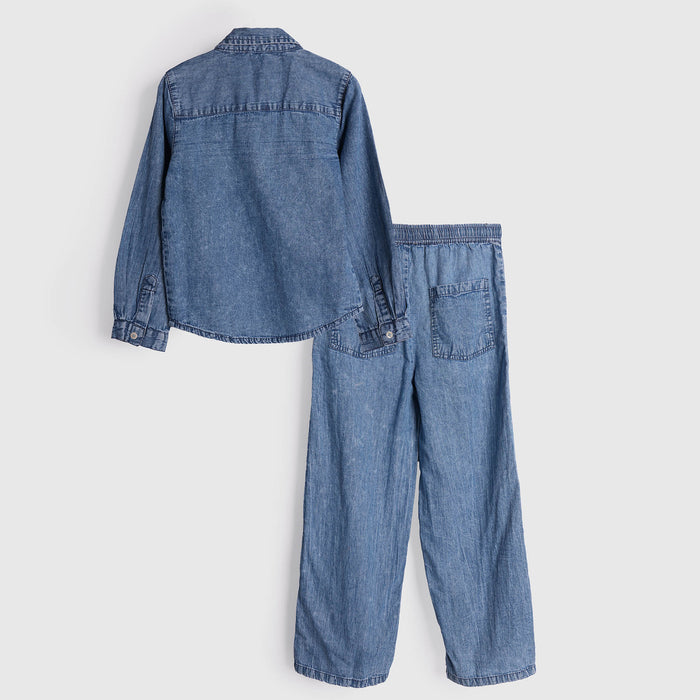 Kids Girls Coord Set in Mid Blue with Floral Embroidery, Shirt & Wide-Leg Pants for Days Out