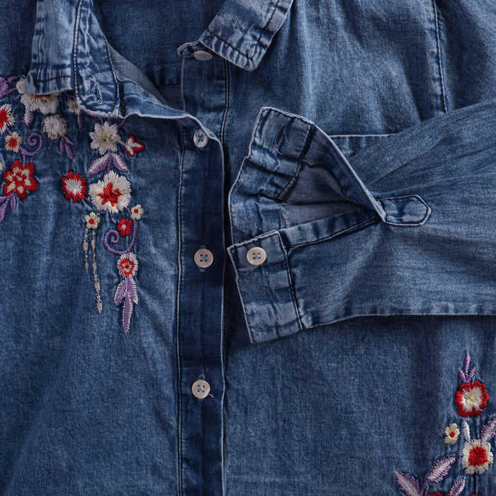 Kids Girls Coord Set in Mid Blue with Floral Embroidery, Shirt & Wide-Leg Pants for Days Out