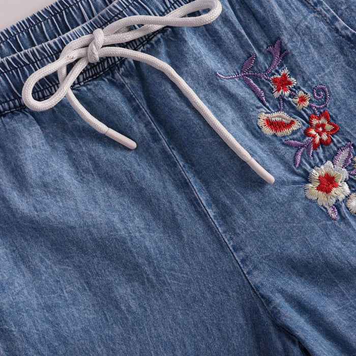 Kids Girls Coord Set in Mid Blue with Floral Embroidery, Shirt & Wide-Leg Pants for Days Out